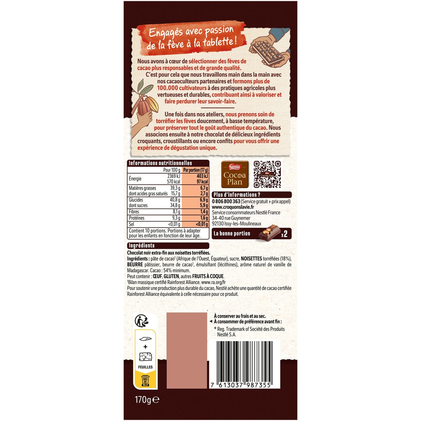 Tablette de Chocolat Noisettes Entières Torréfiées NESTLE LES RECETTES DE L'ATELIER
