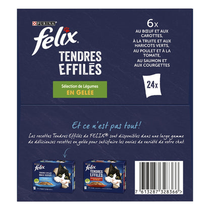 Pâtée pour Chat Adulte Tendres Effilés en Gelée Boeuf Truite Poulet Saumon Légumes FELIX