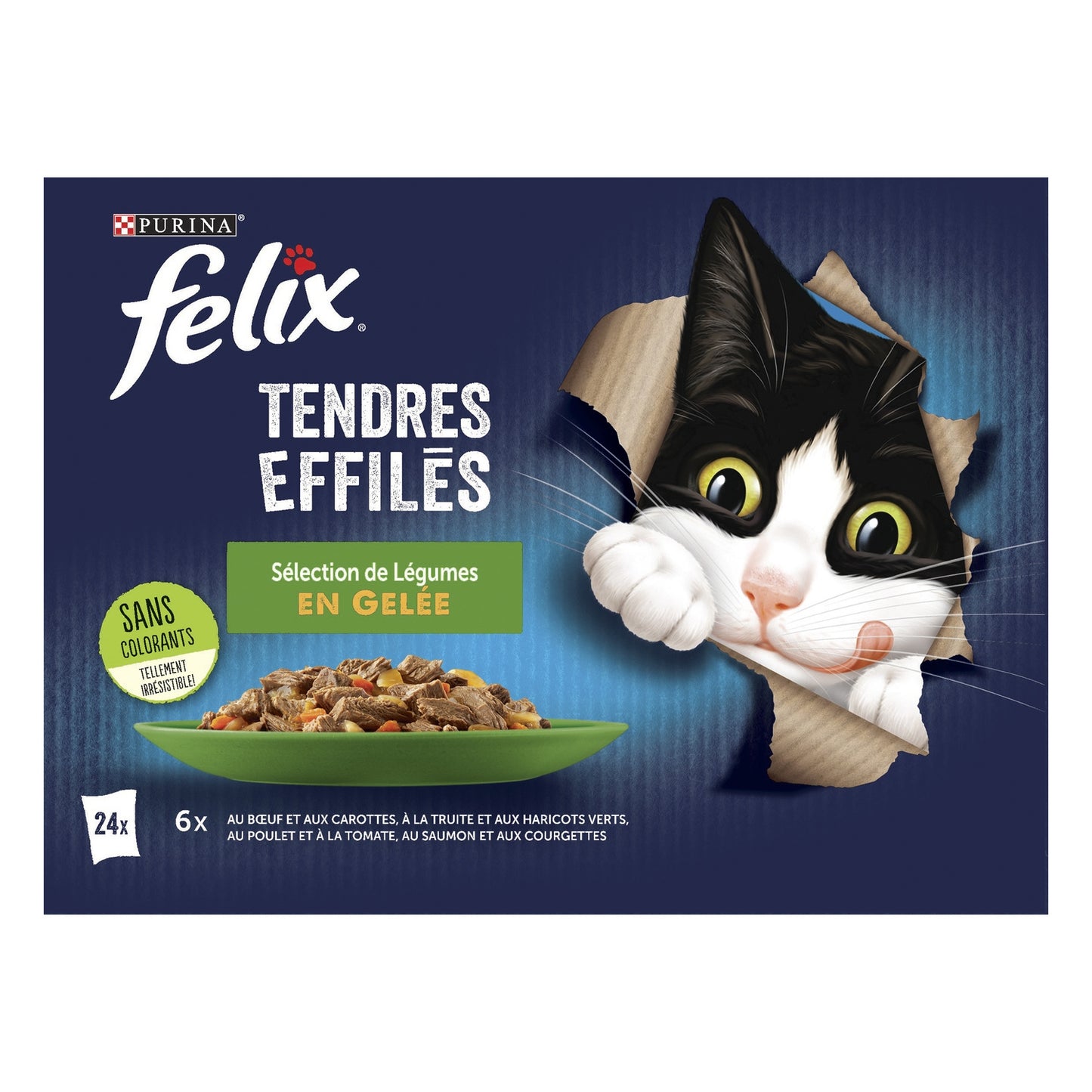 Pâtée pour Chat Adulte Tendres Effilés en Gelée Boeuf Truite Poulet Saumon Légumes FELIX