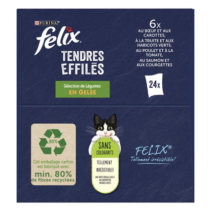 Pâtée pour Chat Adulte Tendres Effilés en Gelée Boeuf Truite Poulet Saumon Légumes FELIX