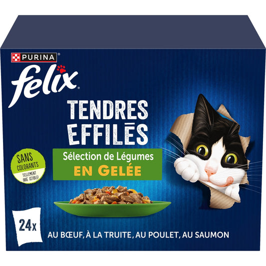 Pâtée pour Chat Adulte Tendres Effilés en Gelée Boeuf Truite Poulet Saumon Légumes FELIX Les 24 sachets de 85g