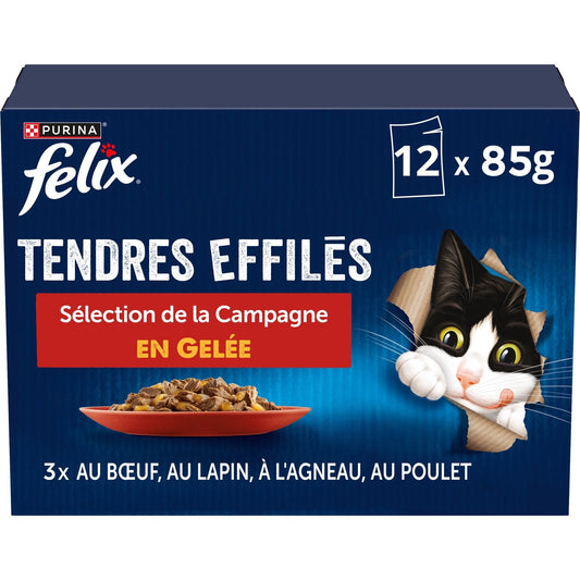 Pâtée pour Chat Adulte en Gelée Effilés au Bœuf, au Lapin, à l'Agneau & Poulet FELIX