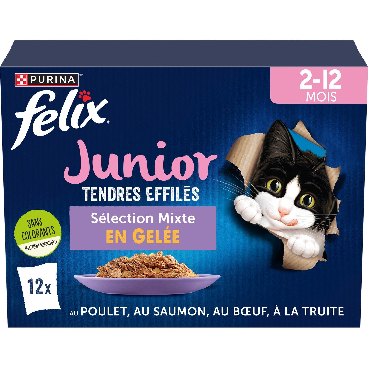 Pâtée pour Chat Junior Tendres Effilés en Gelée Poulet Saumon Boeuf Truite FELIX les 12 sachets de 85g