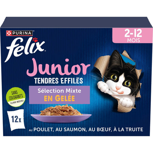 Pâtée pour Chat Junior Tendres Effilés en Gelée Poulet Saumon Boeuf Truite FELIX les 12 sachets de 85g