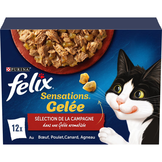 Pâtée pour Chat Adulte en Gelée Boeuf Poulet Canard Agneau Sensations FELIX Les 12 sachets de 85g