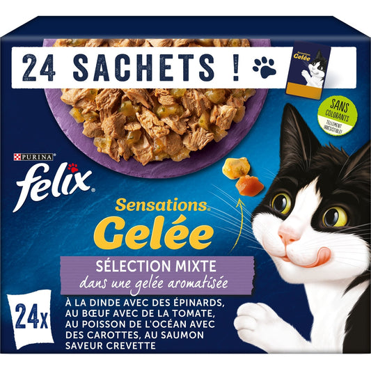 Pâtée pour Chat Adulte en Gelée Dinde Boeuf Poisson Légume Sensations FELIX