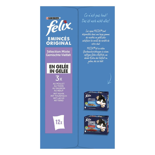 Pâtée pour Chat Adulte Emincés en Gelée Boeuf Poulet Saumon Thon FELIX Les 12 sachets de 85g
