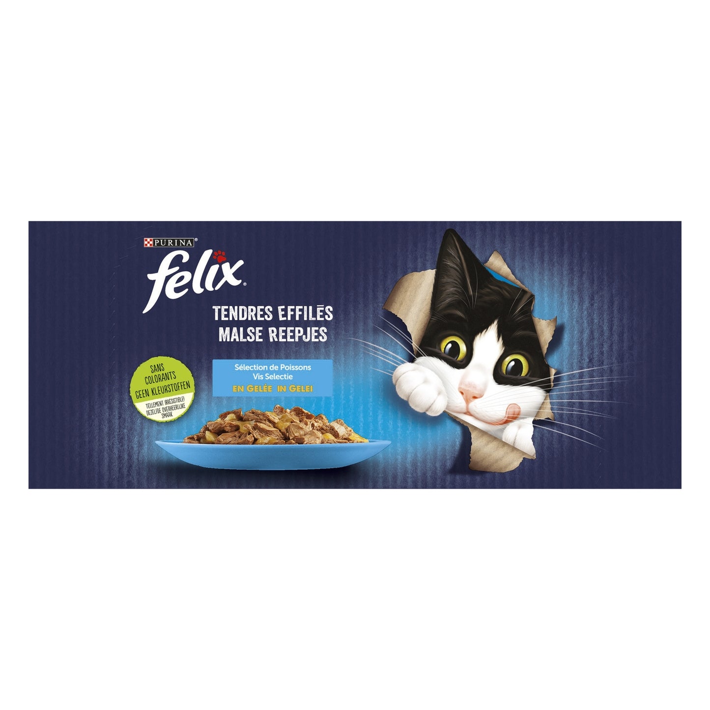 Pâtée pour Chat Adulte Tendres Effilés en Gelée Thon Cabillaud Saumon Carrelet FELIX