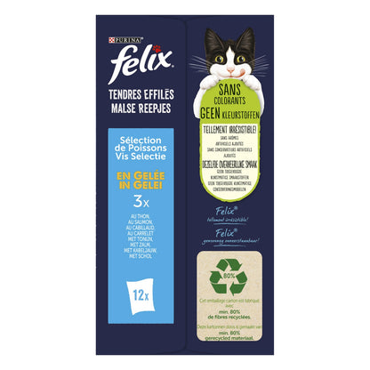 Pâtée pour Chat Adulte Tendres Effilés en Gelée Thon Cabillaud Saumon Carrelet FELIX
