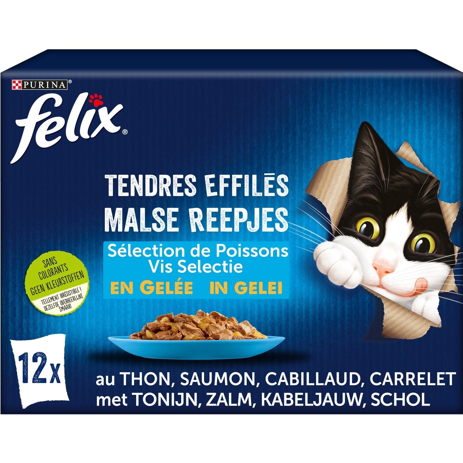 Pâtée pour Chat Adulte Tendres Effilés en Gelée Thon Cabillaud Saumon Carrelet FELIX Les 12 sachets de 85g
