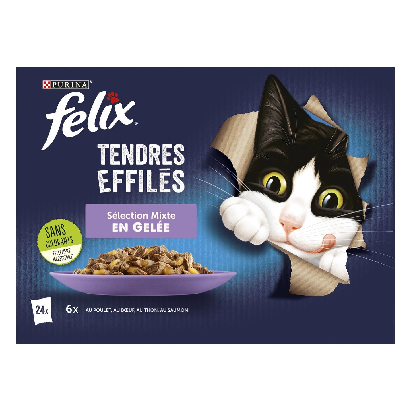 Pâtée pour Chat Adulte Tendres Effilés en Gelée Poulet Boeuf Thon Saumon FELIX