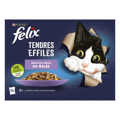 Pâtée pour Chat Adulte Tendres Effilés en Gelée Poulet Boeuf Thon Saumon FELIX