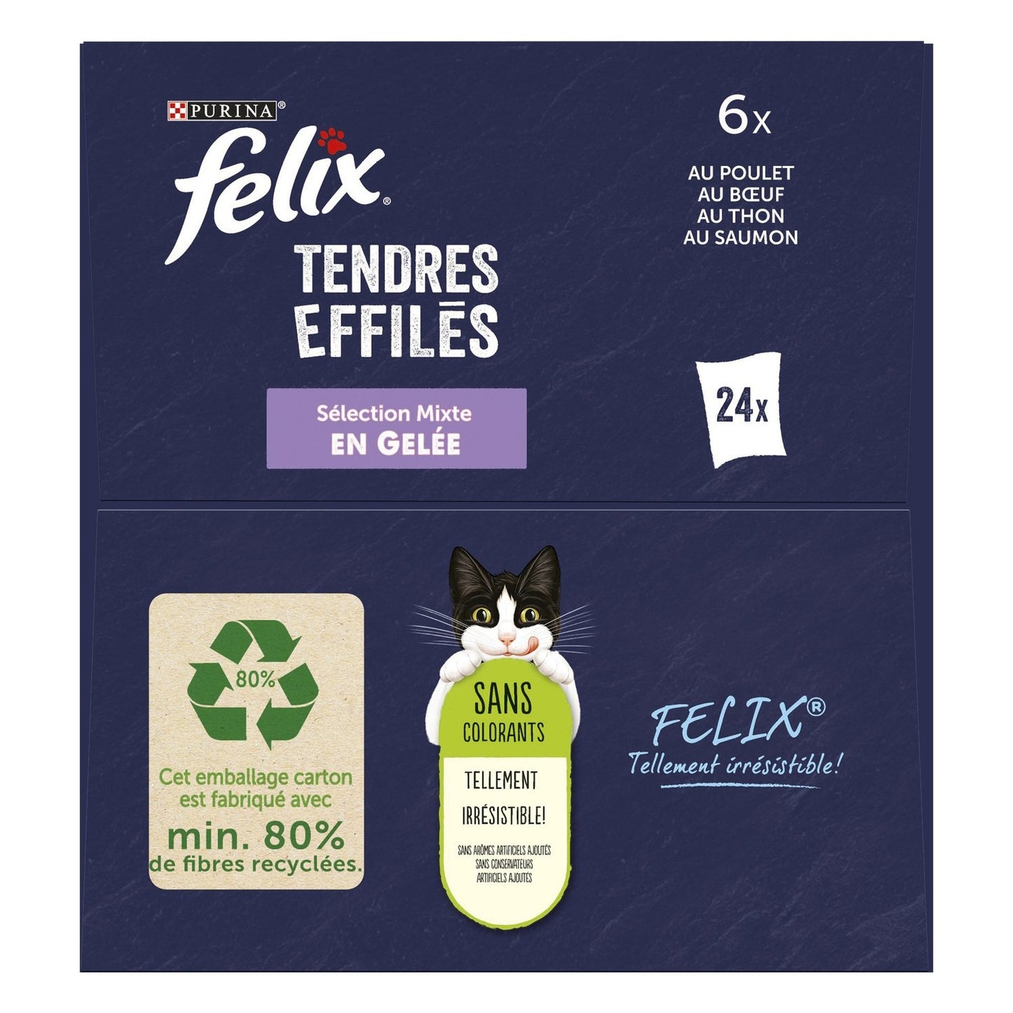 Pâtée pour Chat Adulte Tendres Effilés en Gelée Poulet Boeuf Thon Saumon FELIX