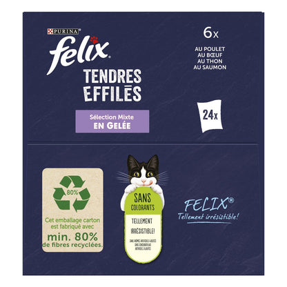 Pâtée pour Chat Adulte Tendres Effilés en Gelée Poulet Boeuf Thon Saumon FELIX