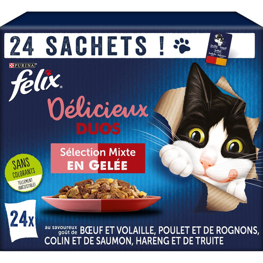Pâtée pour Chat Adulte en Gelée Viande Poisson Délicieux Duos FELIX Les 24 sachets de 85g
