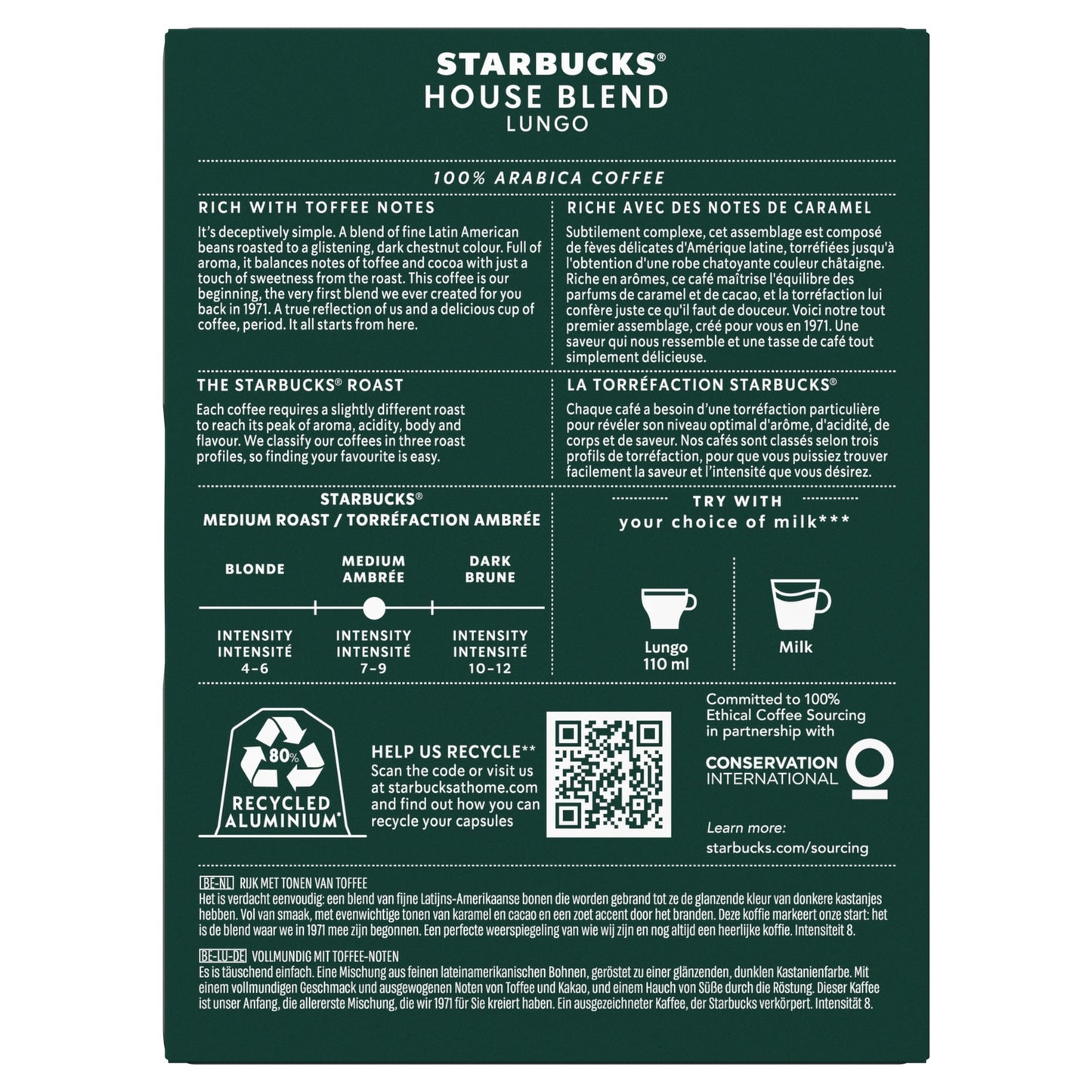 Café Capsules Lungo House Blend Intensité 8 Compatible Nespresso STARBUCKS 