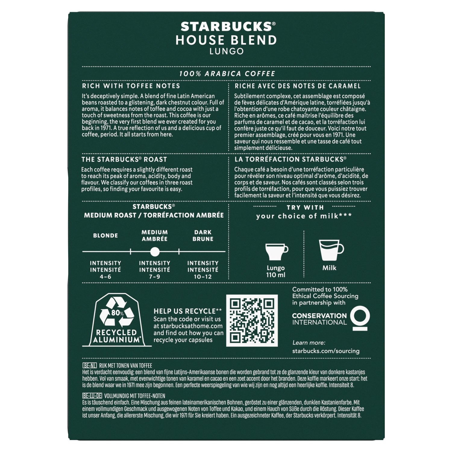 Café Capsules Lungo House Blend Intensité 8 Compatible Nespresso STARBUCKS 