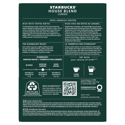 Café Capsules Lungo House Blend Intensité 8 Compatible Nespresso STARBUCKS 