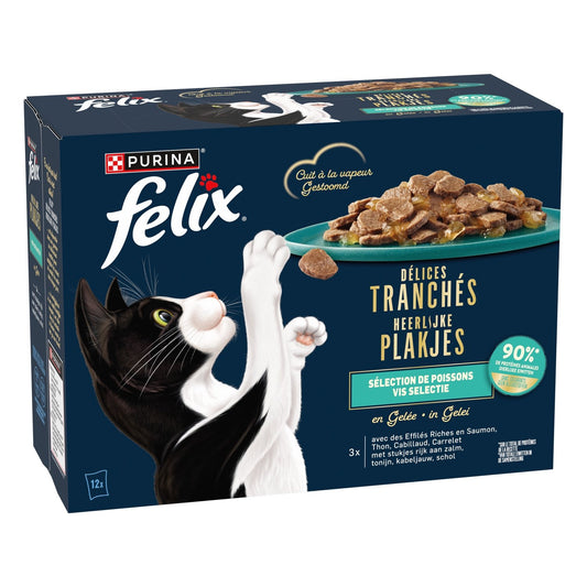 Pâtée pour Chat Adulte en Gelée Saumon Thon Cabillaud Carrelet Délices Tranchés FELIX Les 12 sachets de 80g