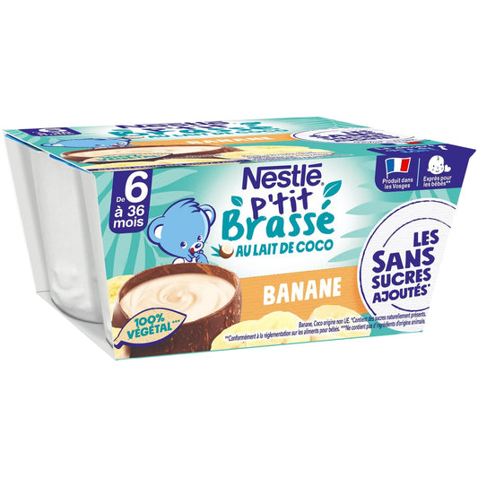 Dessert Bébé Dès 6 Mois, au Lait de Coco Banane P'tit Brassé NESTLE le lot de 5 pots de 90g