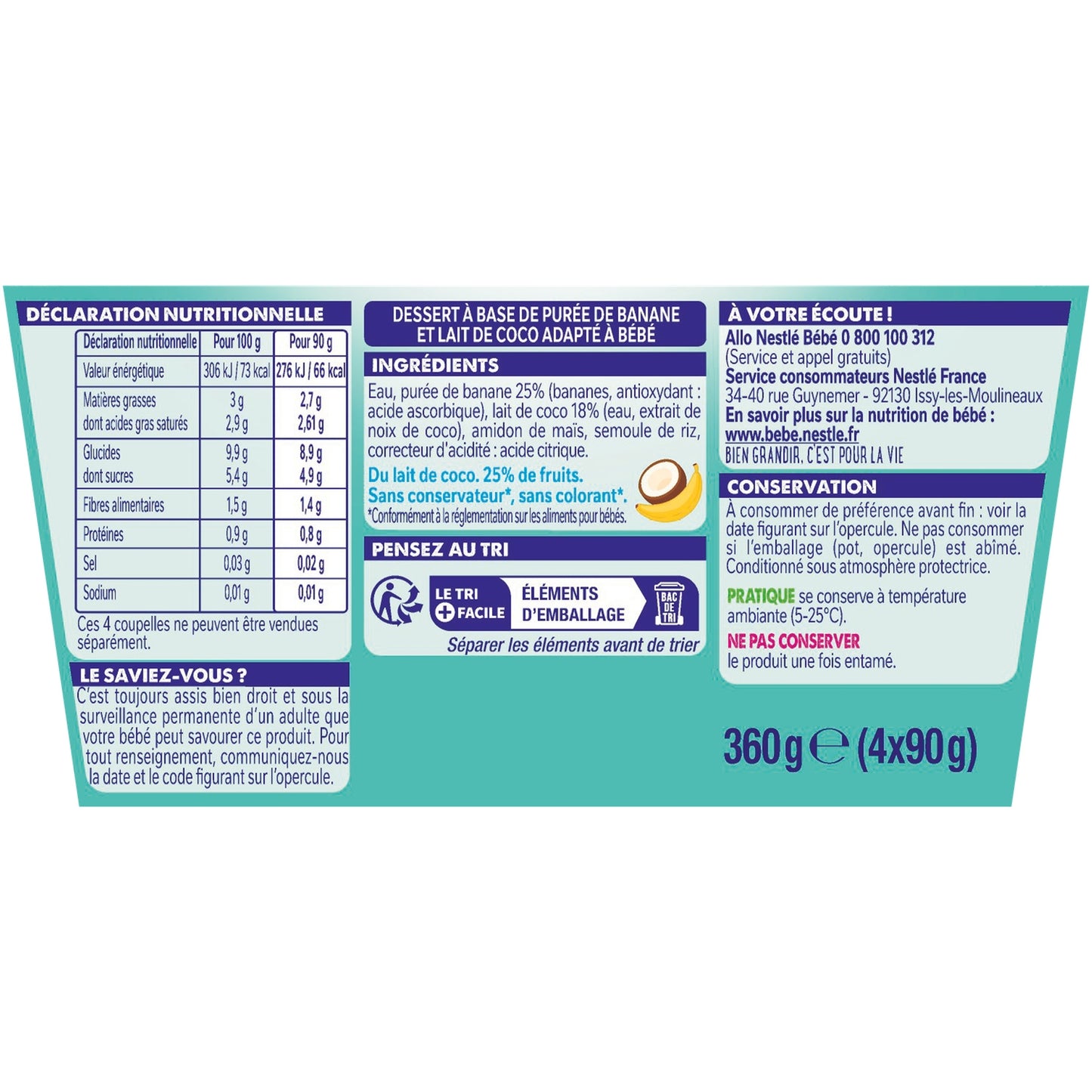 Dessert Bébé Dès 6 Mois, au Lait de Coco Banane P'tit Brassé NESTLE