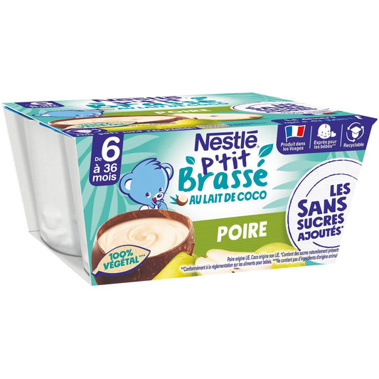 Déssert pour Bébé Dés 6mois, au Lait de Coco Poire P'TIT BRASSE NESTLE le lot de 4 pots de 90g