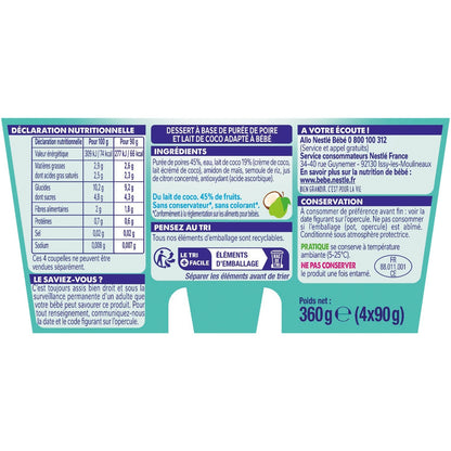 Déssert pour Bébé Dés 6mois, au Lait de Coco Poire P'TIT BRASSE NESTLE