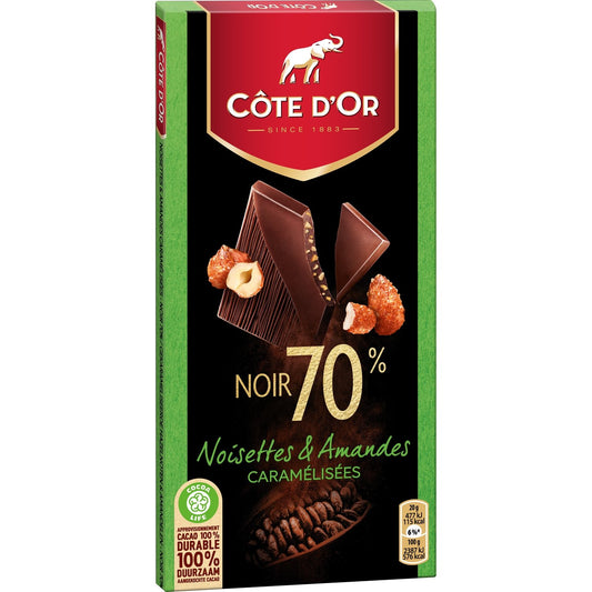 Tablette de Chocolat Noir 70% Noisettes Amandes Caramélisées COTE D'OR La tablette de 100 g