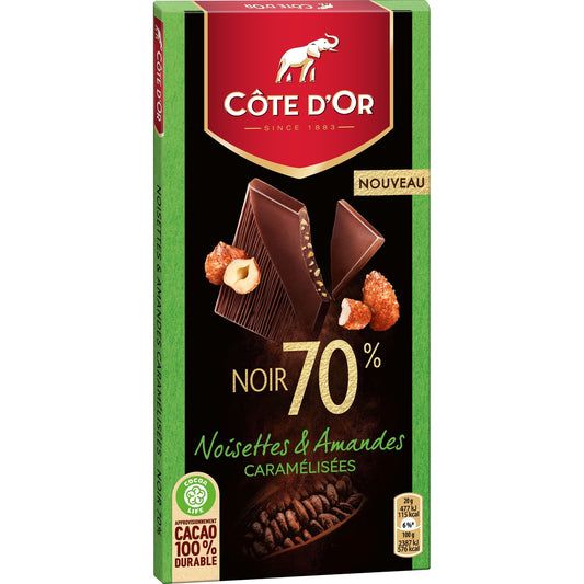 Tablette de Chocolat Noir 70% Noisettes Amandes Caramélisées COTE D'OR