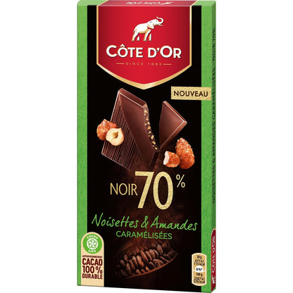 Dunkle Schokoladentafel 70% Haselnüsse Karamellisierte Mandeln COTE D'OR