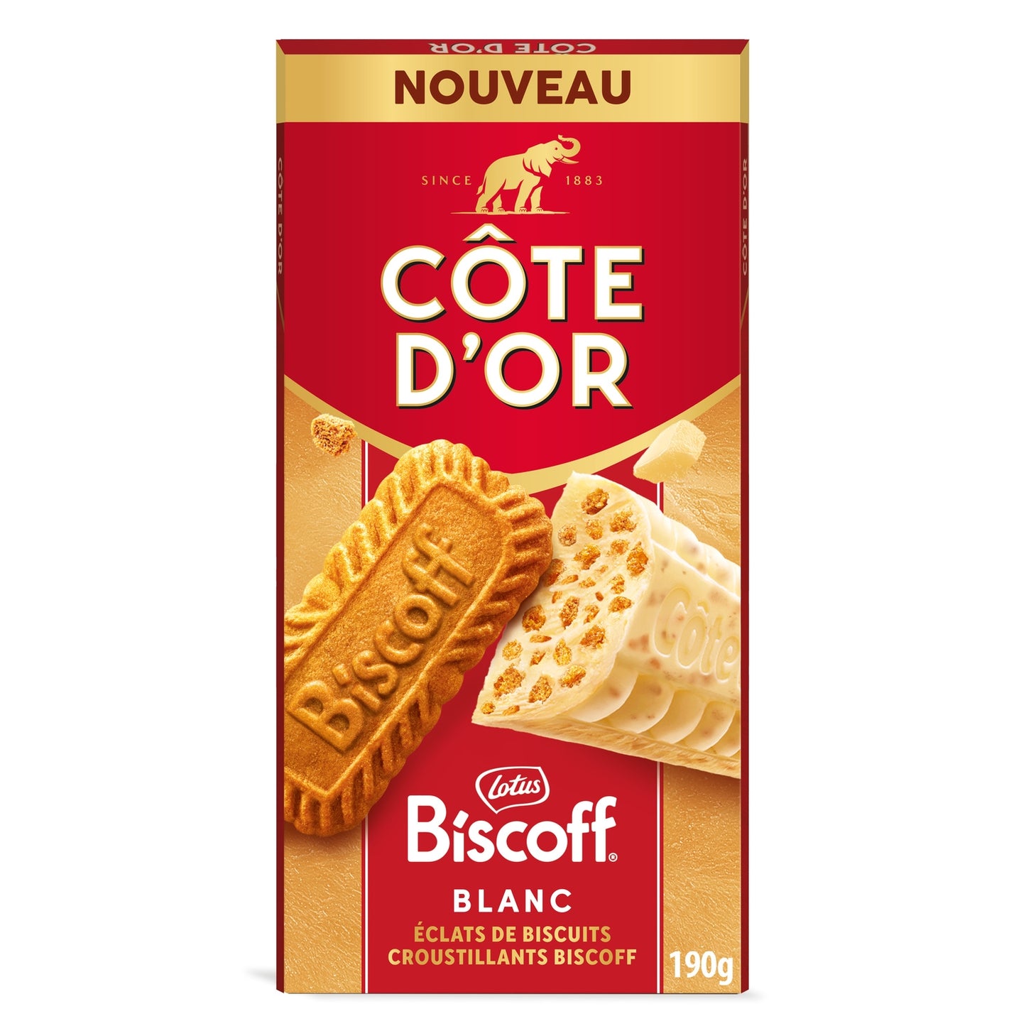 Tablette de Chocolat Blanc Eclats de Biscuit Croustillant Biscoff COTE D'OR 