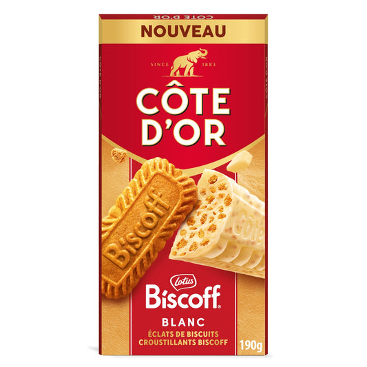 Tablette de Chocolat Blanc Eclats de Biscuit Croustillant Biscoff COTE D'OR 