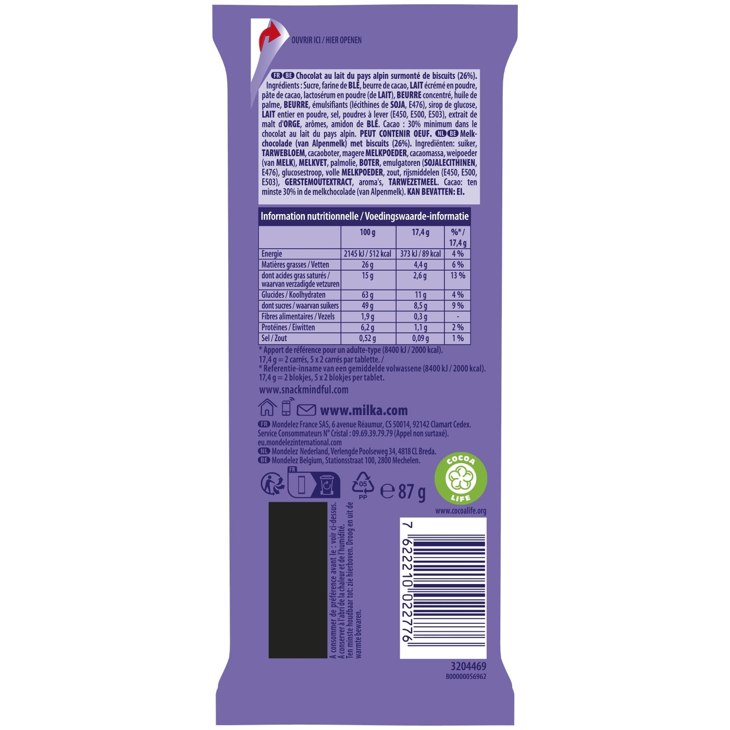 Tablette de Chocolat Lait Lu MILKA 