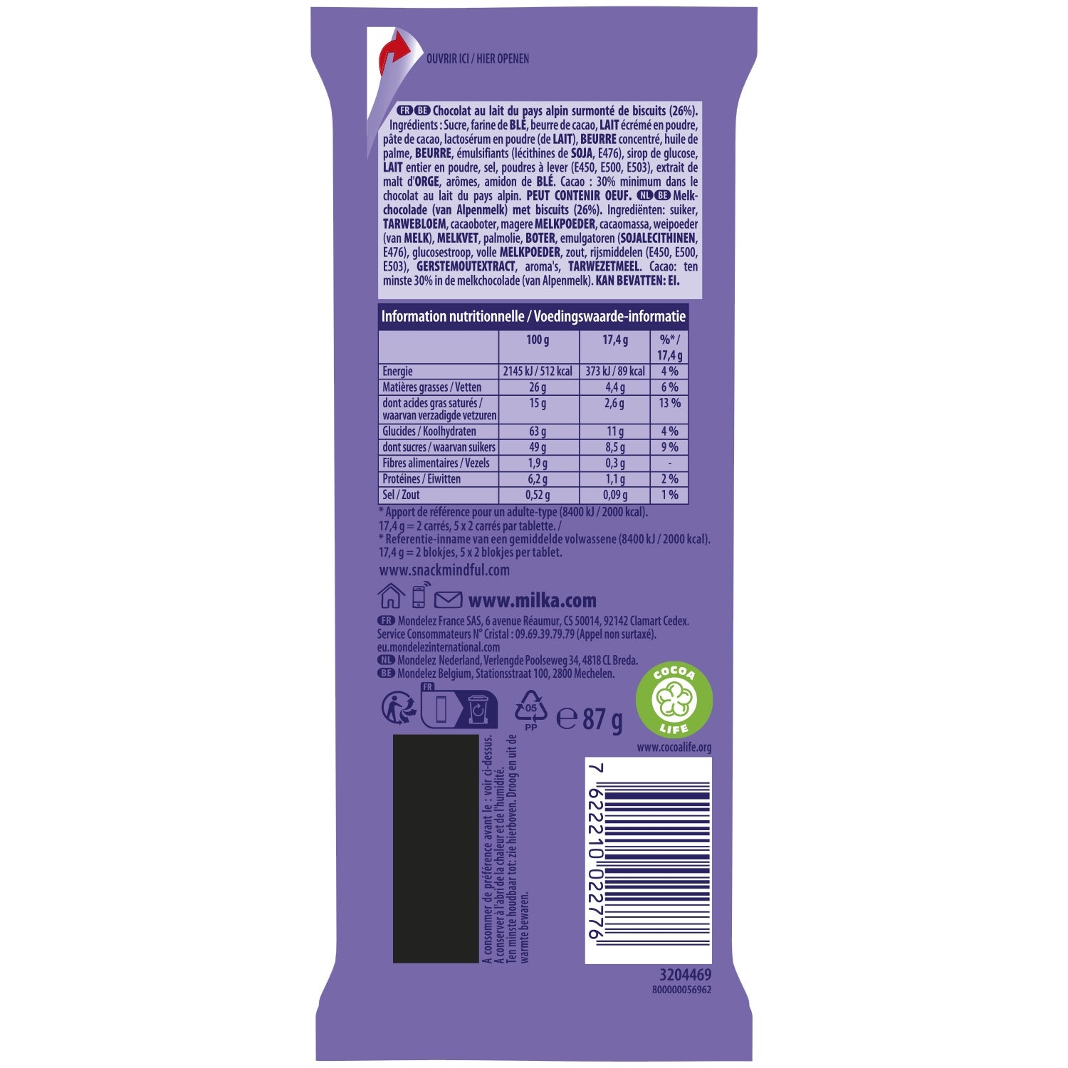 Tablette de Chocolat Lait Lu MILKA 