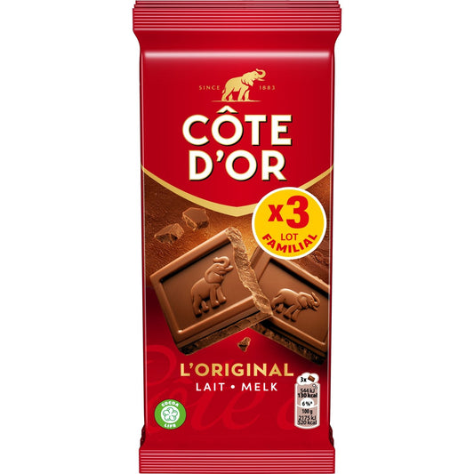 Tablette de Chocolat Lait l'Original COTE D'OR Les 3 tablettes de 100 g