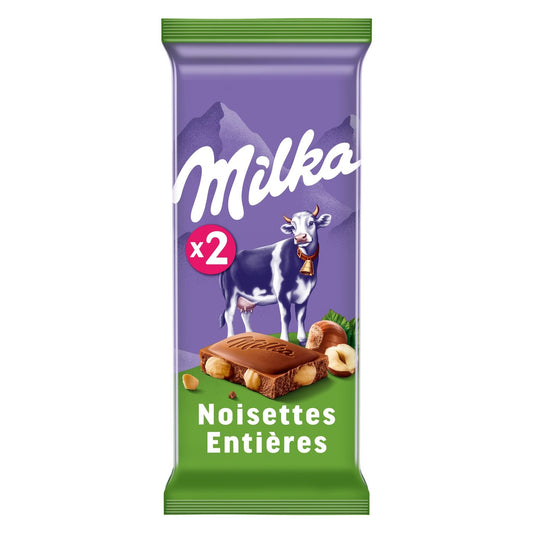 Tablette de Chocolat Lait Noisettes Entières MILKA Les 2 tablettes de 100 g