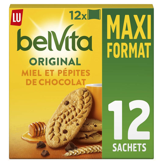Biscuits Petit Déjeuner au Miel et aux Pépites de Chocolat Original Belvita LU La boîte de 12 sachets - 650 g