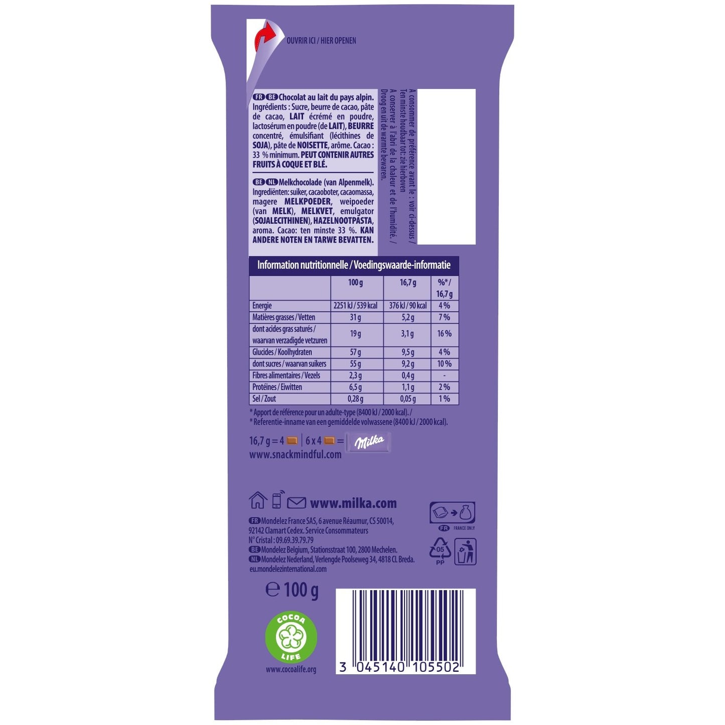 Tablette de Chocolat Lait MILKA