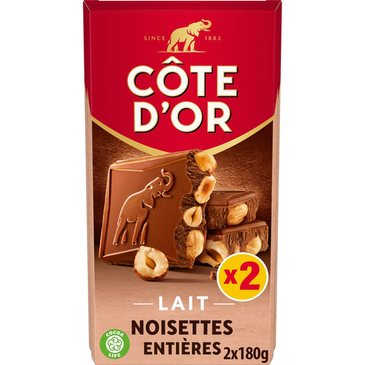 Tablette de Chocolat Lait Noisettes Entières COTE D'OR Les 2 tablettes de 180 g
