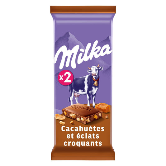 Tablette de Chocolat Lait Cacahuètes et Éclats Croquants MILKA Les 2 tablettes de 90 g