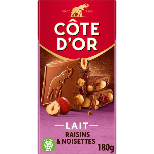 Tablette de Chocolat Lait Raisins et Noisettes Entières COTE D'OR La tablette de 180 g