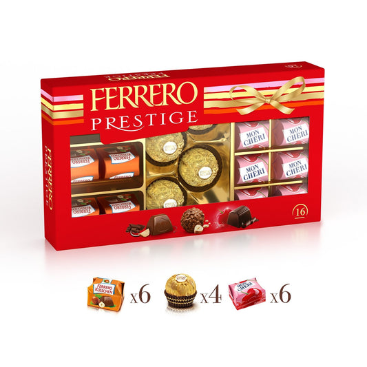 Assortiment de Chocolats Lait et Noisettes, Chocolat Noir Liqueur Cerise et Noisettes Grillées FERRERO PRESTIGE - Gamme de Noël 2025 Boîte 16 pièces - 166g