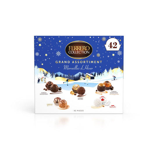 Calendrier de l'Avent Adultes Chocolat Bouchées lait et Noisettes, Noix de coco et chocolat Noir FERRERO COLLECTION - Gamme de Noël 2025 Boîte 42 pièces - 441g