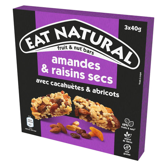 Barres Céréales Amandes Raisins Secs et Abricots Sans Gluten EAT NATURAL les 3 barres de 40g