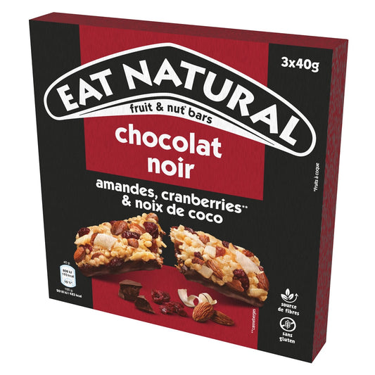 Barres Céréales Amandes Cranberries Noix de Coco et Chocolat Noir Sans Gluten EAT NATURAL les 3 barres de 40g