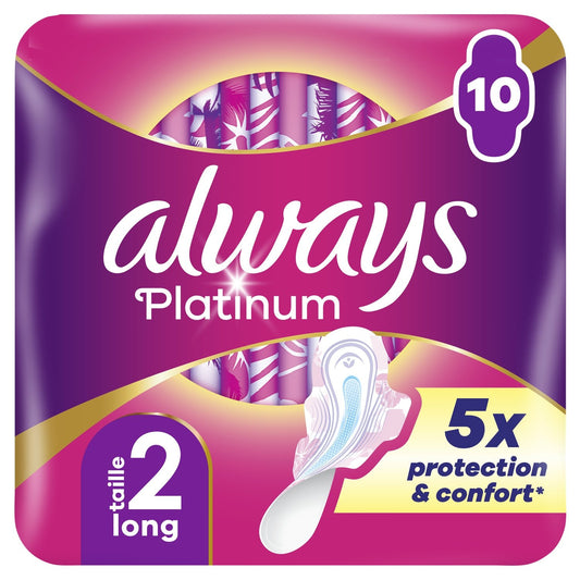 Serviettes Hygiéniques avec Ailettes Long Taille 2 Platinum ALWAYS le pack de 10 serviettes hygiéniques
