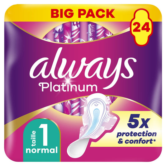 Serviettes Hygiéniques avec Ailettes Normal Platinum Taille 1 ALWAYS le pack de 24 serviettes hygiéniques