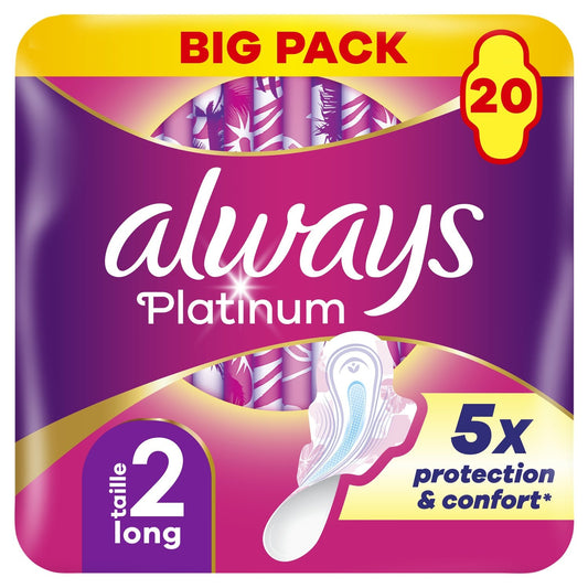 Serviettes Hygiéniques avec Ailettes Long Taille 2 Platinum ALWAYS le pack de 20 serviettes hygiéniques