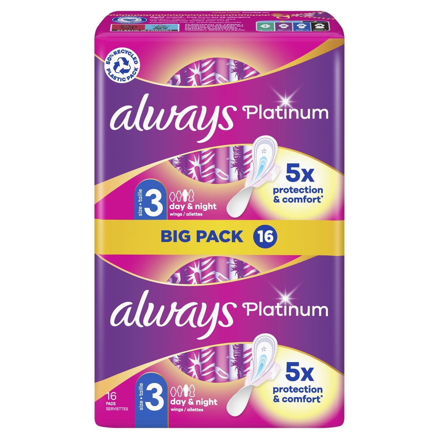 Serviettes Hygiéniques avec Ailettes Day and Night Taille 3 Platinum ALWAYS 