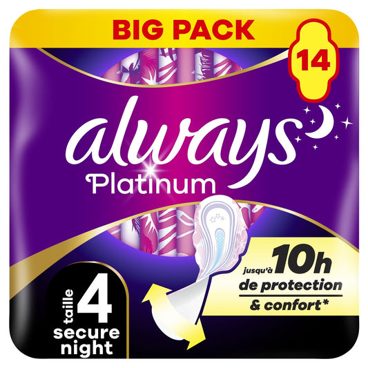 Serviettes Hygiéniques avec Ailettes Secure Nuit Taille 4 Platinum ALWAYS le pack de 14 serviettes hygiéniques